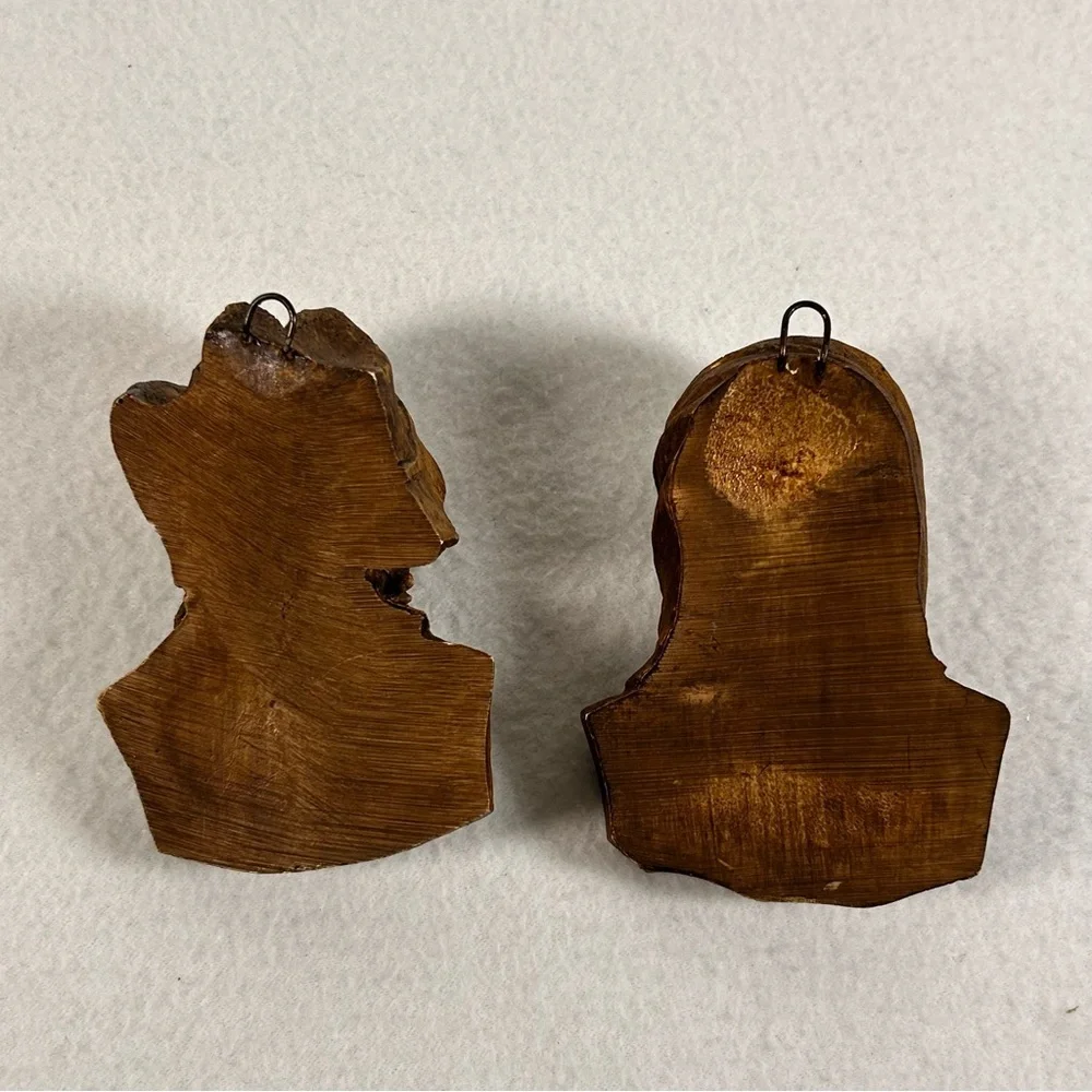 Old Man With Pipe Woman With Scarf  Vintage Faux Carved Wood Wall Hangings
